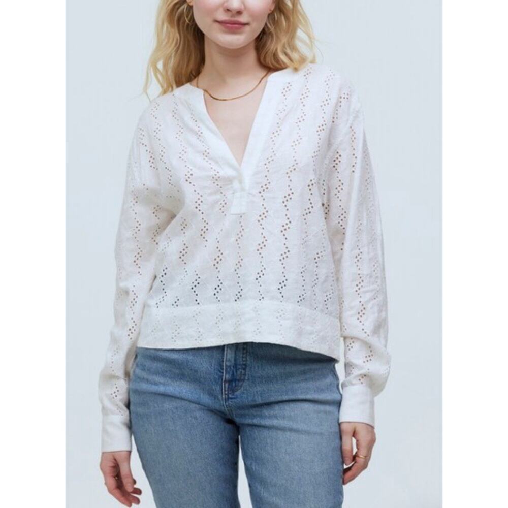 Madewell Long-Sleeve Popover Top in Eyelet linen shirt Soft White Small A003118